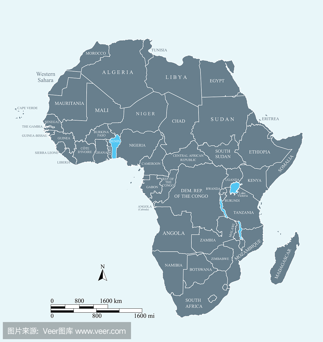 非洲地图矢量轮廓图与英里和公里的比例尺和国