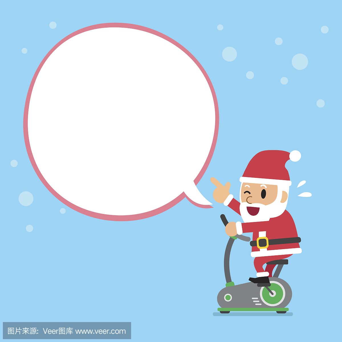卡通圣诞老人骑着运动自行车与白色的讲话泡沫