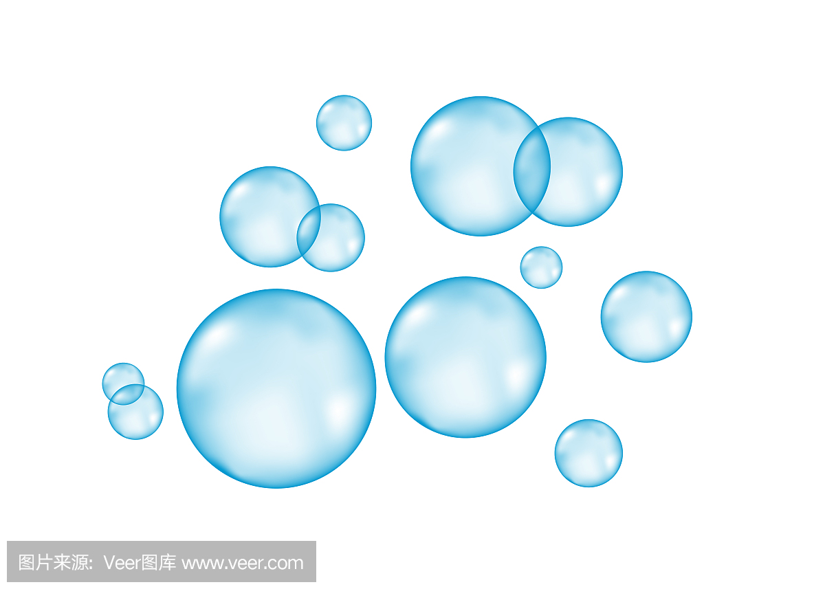 空气,水或氧气蓝色泡沫在白色背景上。