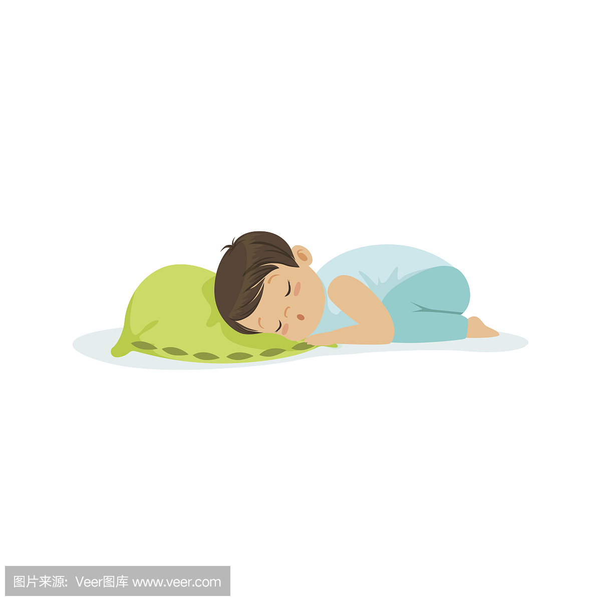 可爱的小男孩睡在枕头上的卡通人物矢量图