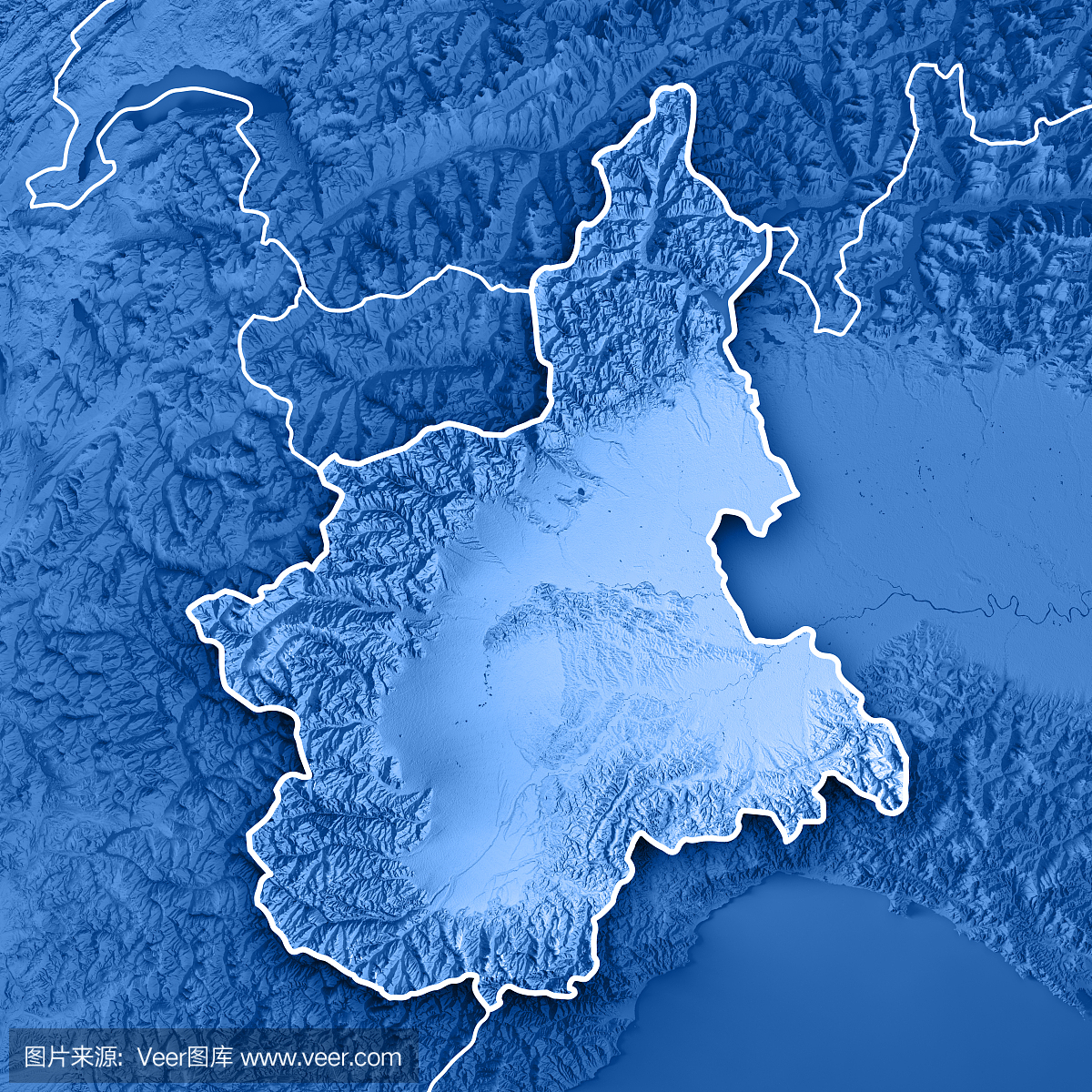 皮埃蒙特州意大利3D渲染地形图蓝色边框