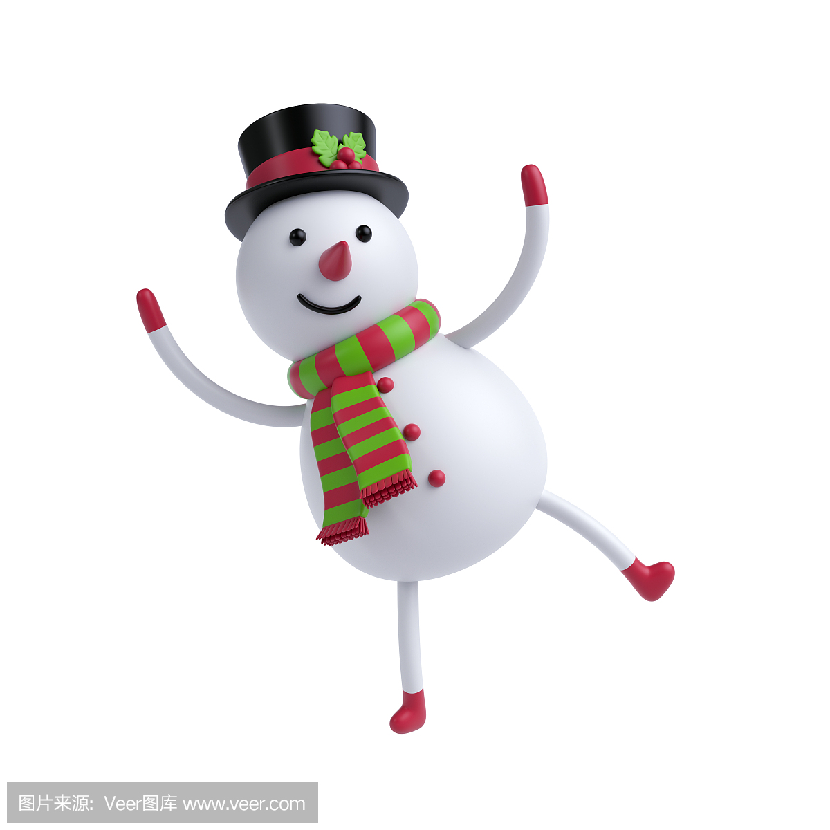3d渲染,数字插图,有趣的雪人跳舞,圣诞玩具