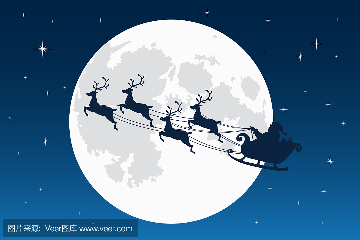 圣诞老人与驯鹿雪橇飞行。黑暗的剪影。满月和
