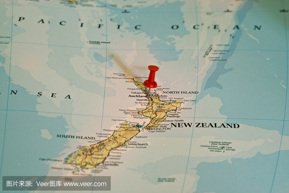 新西兰奥克兰地图上标有红色图钉