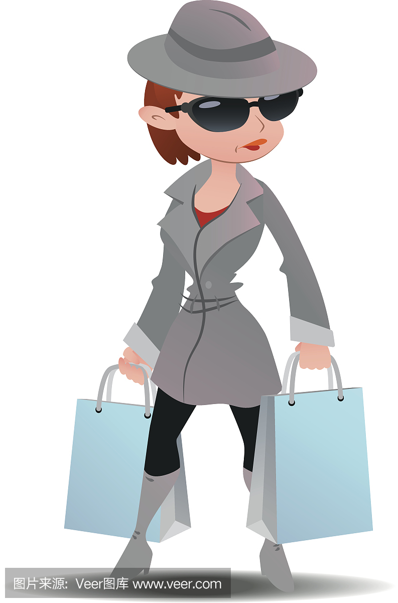 神秘的购物者女人与间谍大衣与购物纸袋