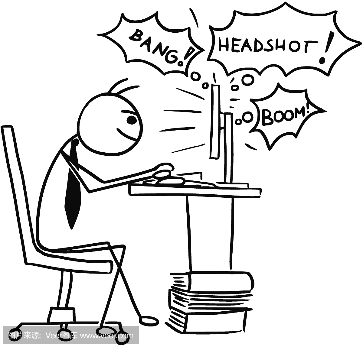 卡通人在工作中在电脑屏幕上播放视频游戏