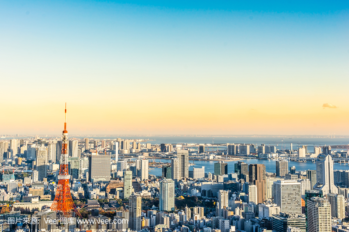 全景现代城市天际线鸟眼东京塔和台风下金色的