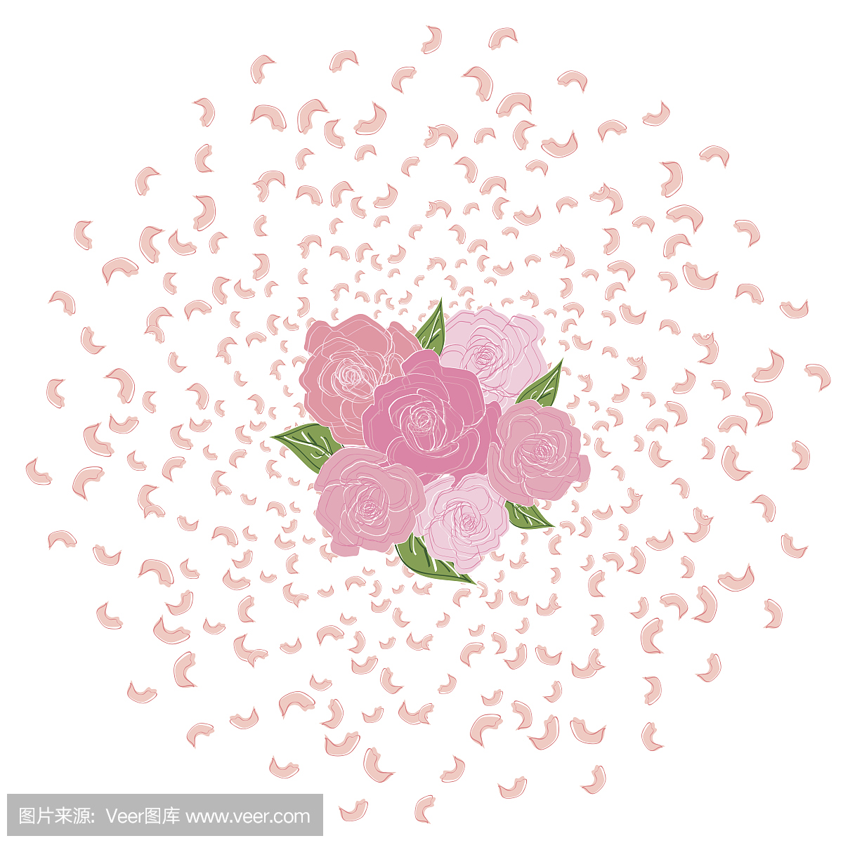 从玫瑰花瓣的圆圈飞行,樱花与一束玫瑰在中间