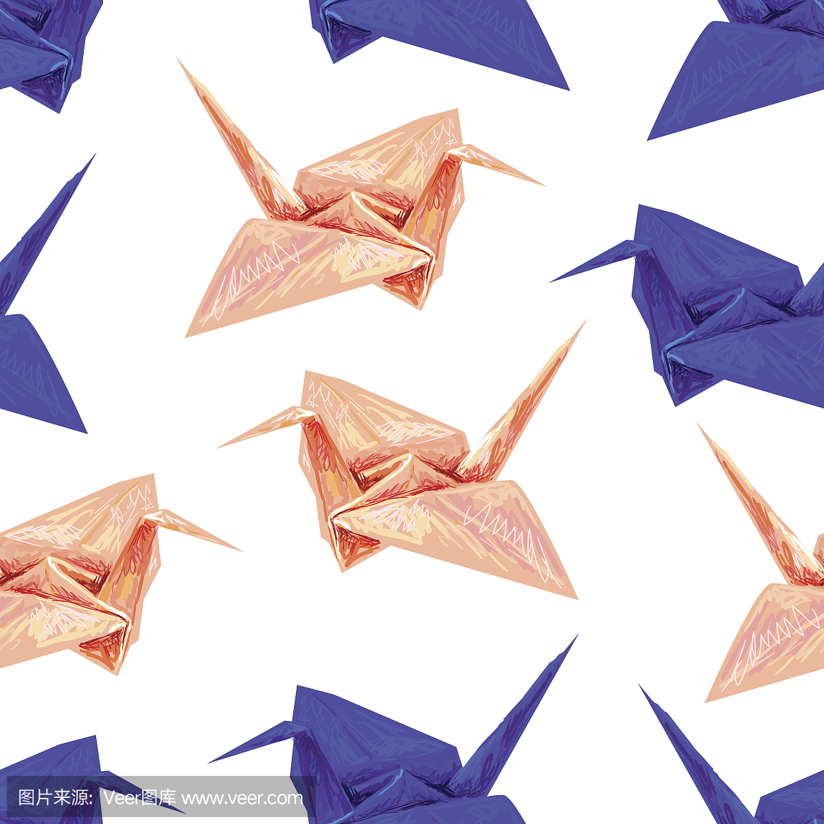 无缝日本模式与折纸纸鹤鸟