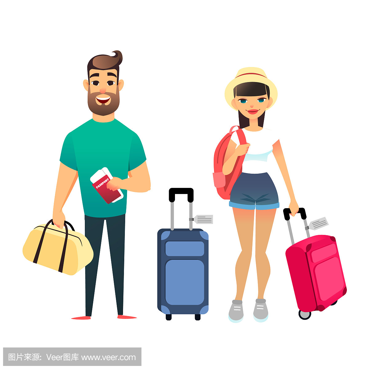 旅行的人在等飞机或火车。卡通男人和女人在一