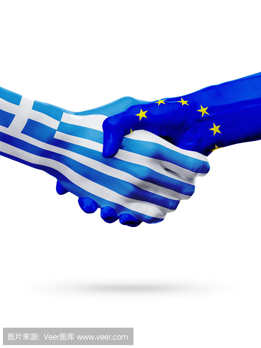 标志希腊,欧盟国家,伙伴关系友谊握手概念。