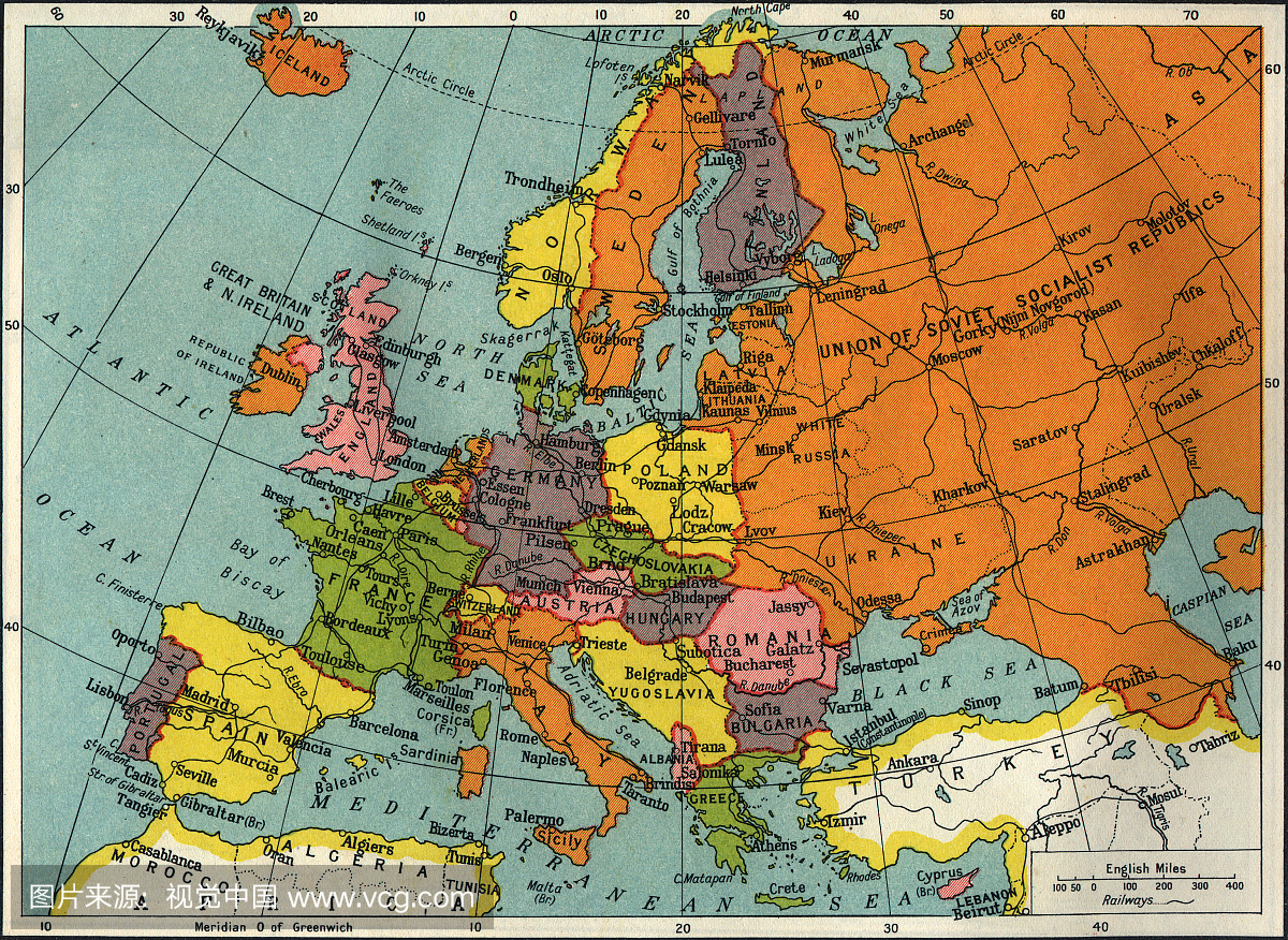欧洲和亚洲的复古地图