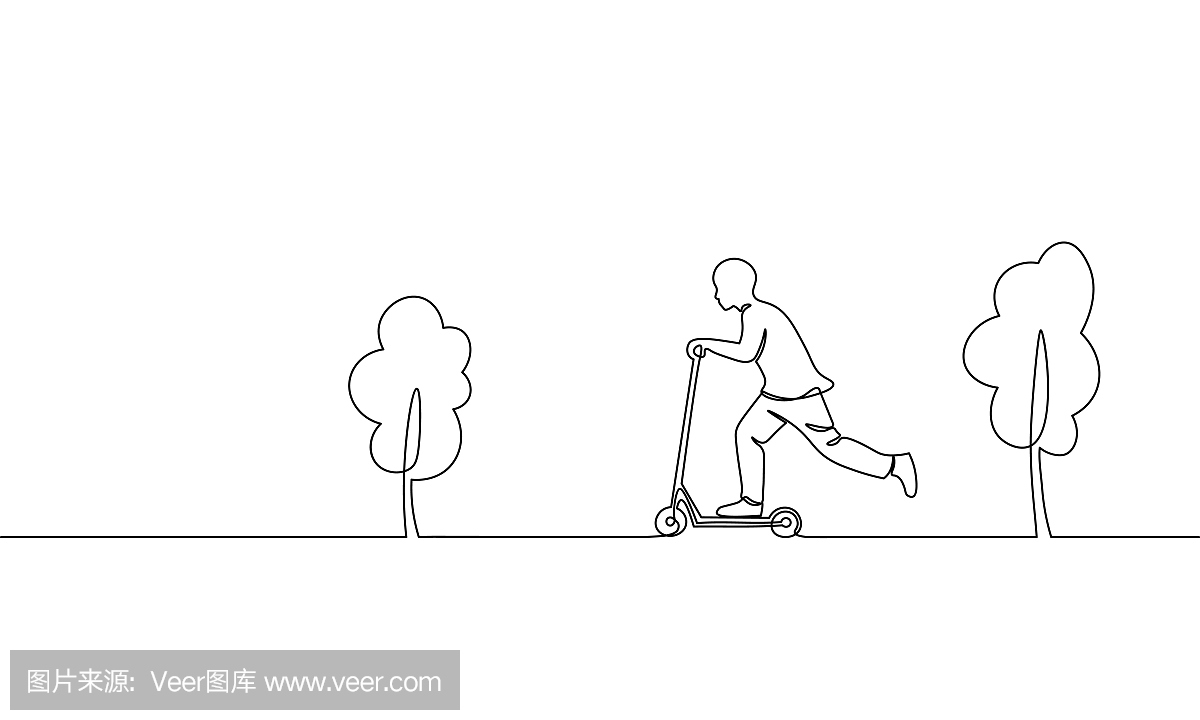 单连续一线艺术男孩骑滑板车。孩子们体育活动