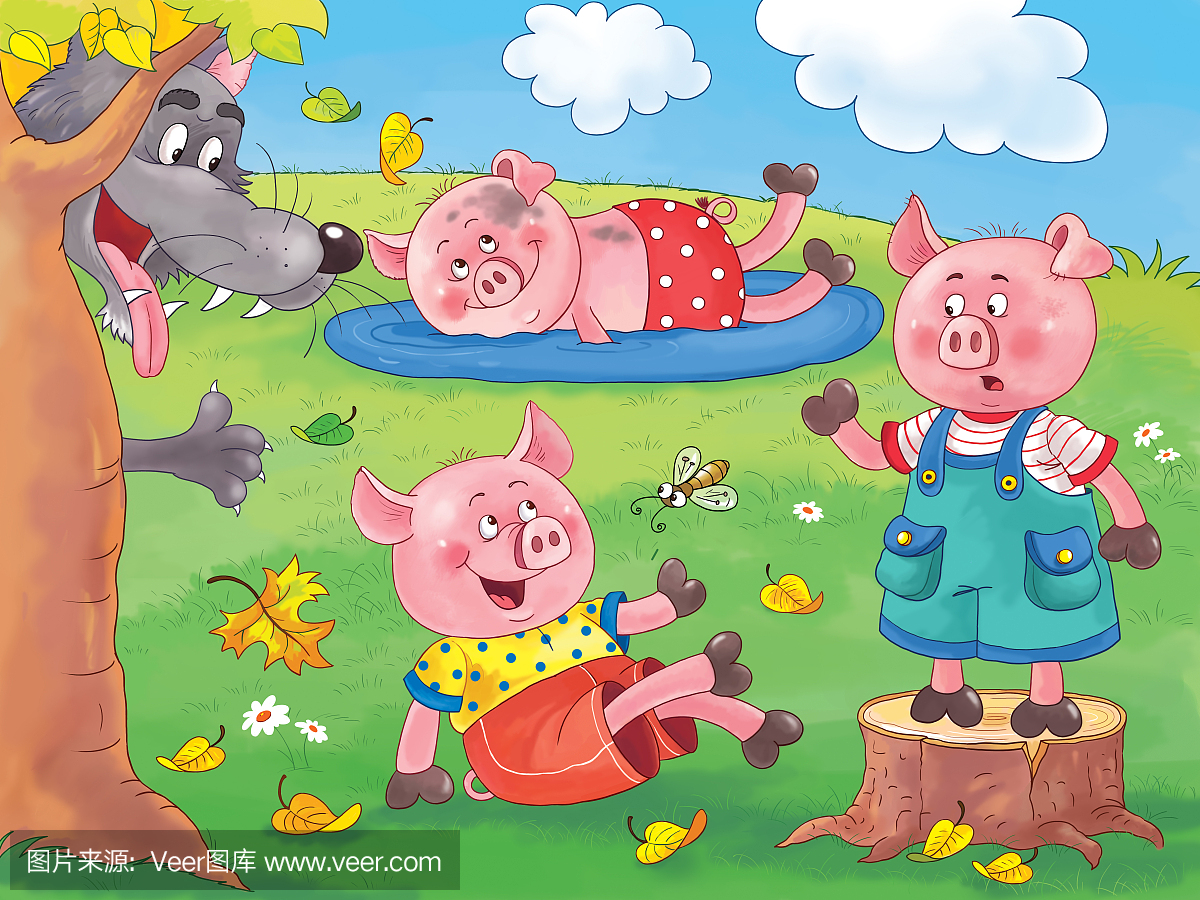 三只小猪童话。着色页。可爱和有趣的卡通人物