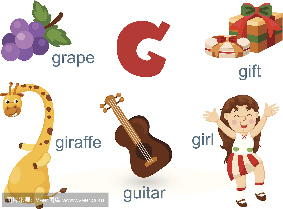 Alphabet.G letter.giraffe,吉他,女孩,葡萄,礼物