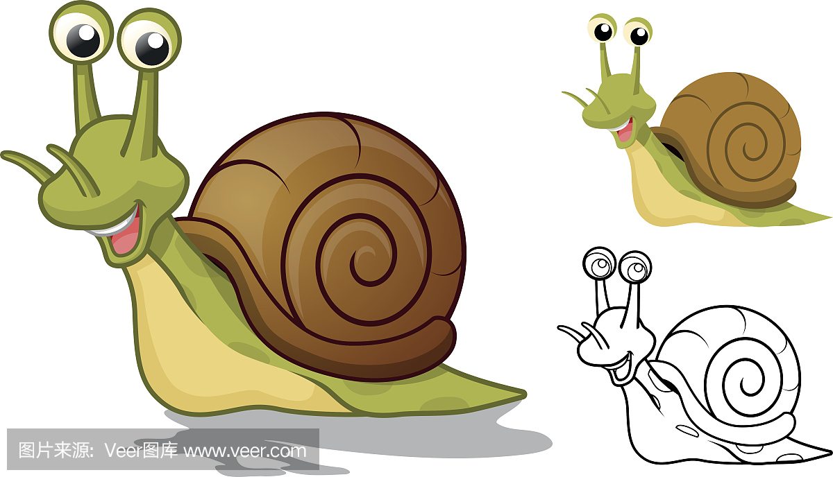 详细的蜗牛卡通人物与平面设计和线艺术