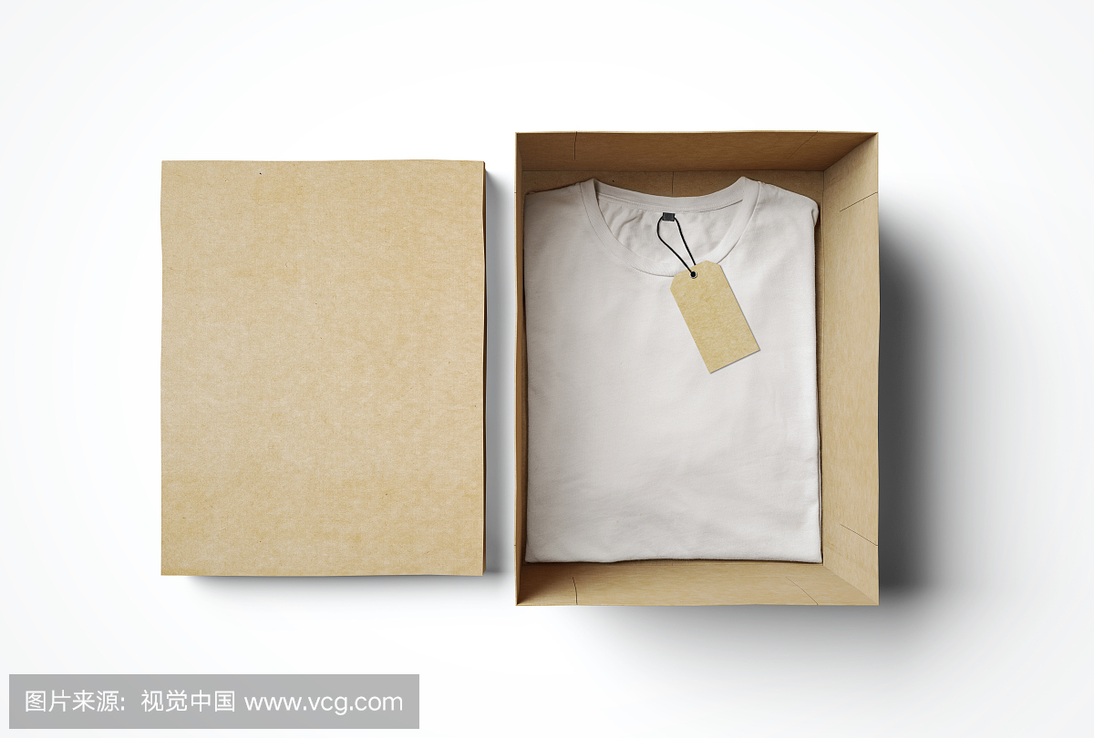 Empty isolated box and white tshirt with label