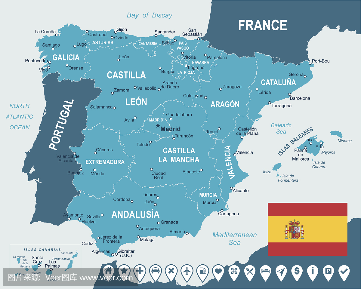 西班牙 - 地图,国旗和导航标签 - 插图