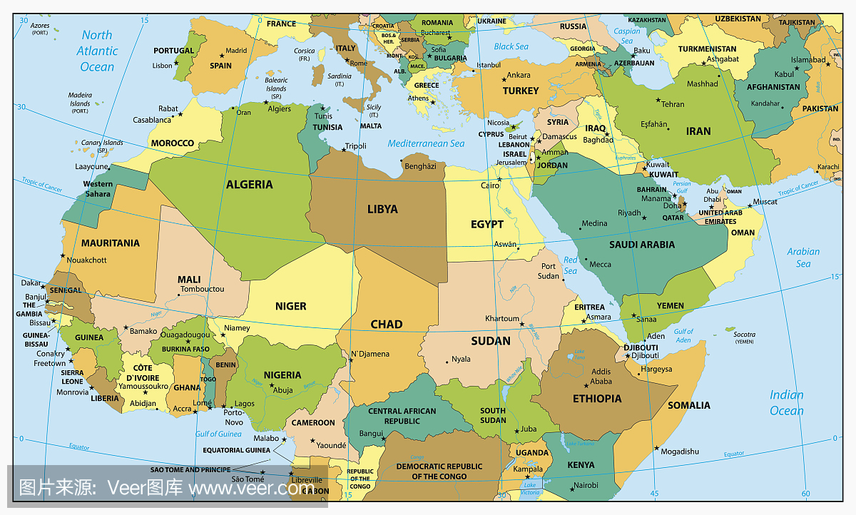 非常详细的北非和中部政治地图