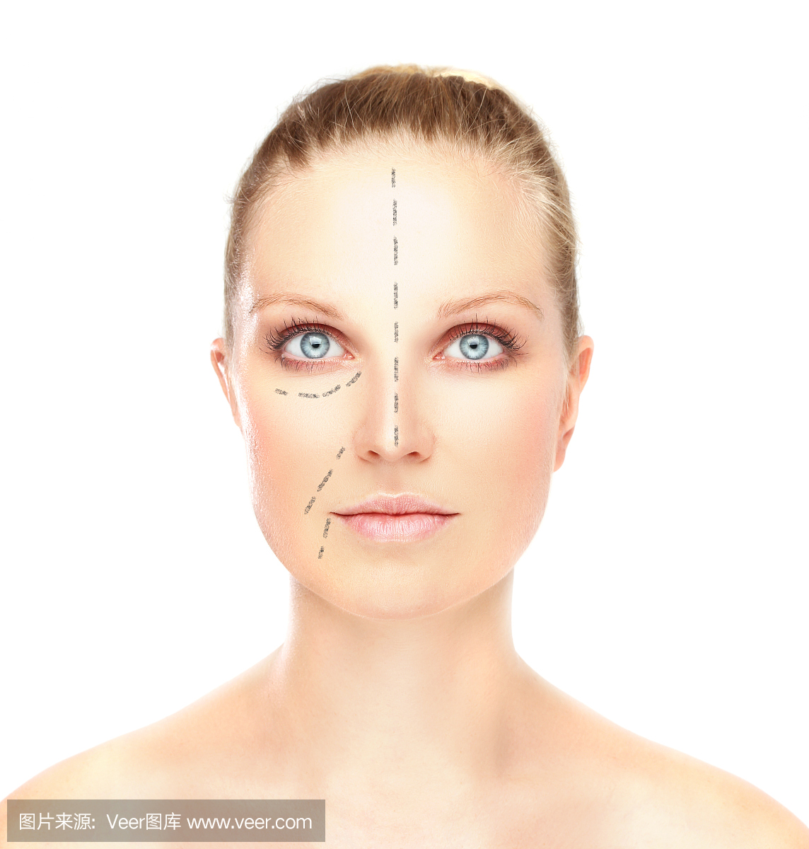 在女性面部绘制矫正线,整容手术概念。