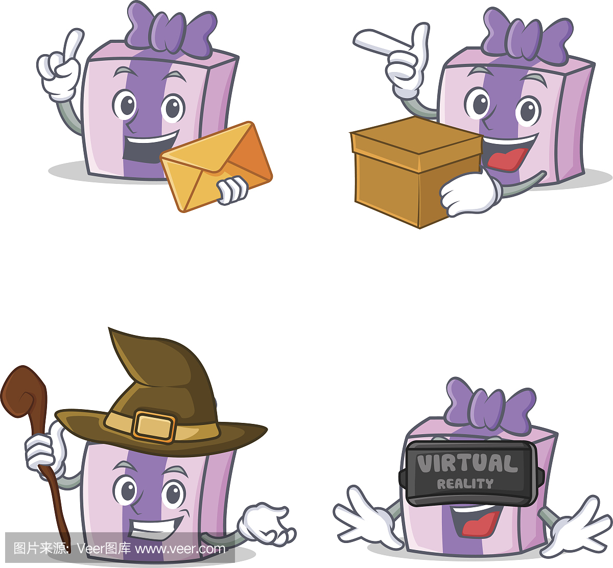 Set of gift character with envelope box witch vir