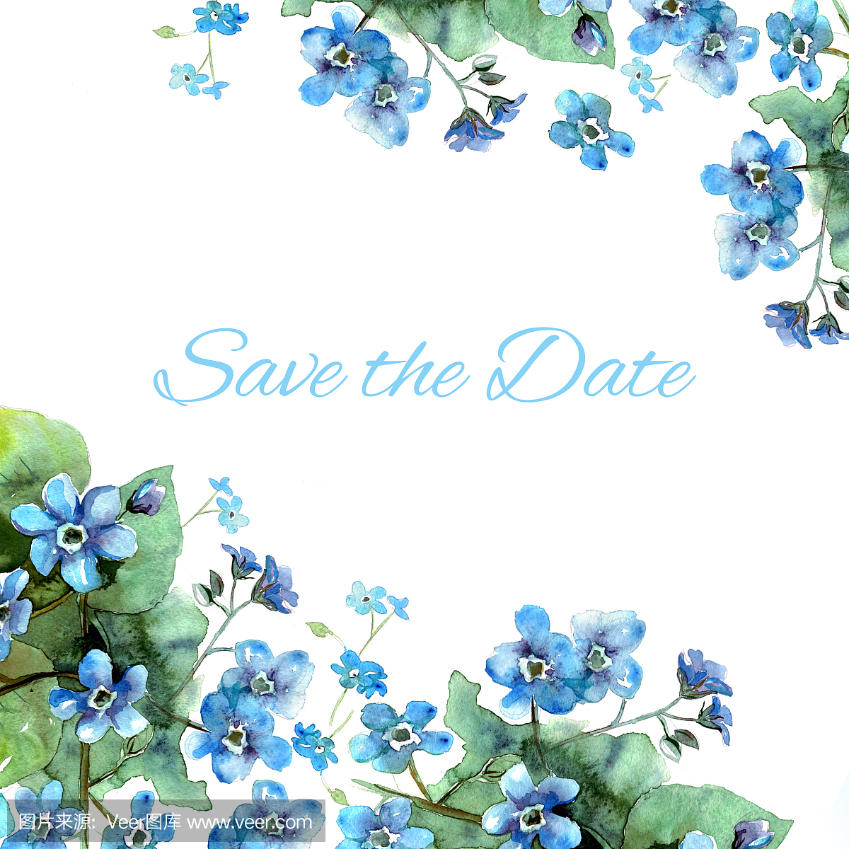 手绘婚纱卡保存日期与水彩花忘记我没有