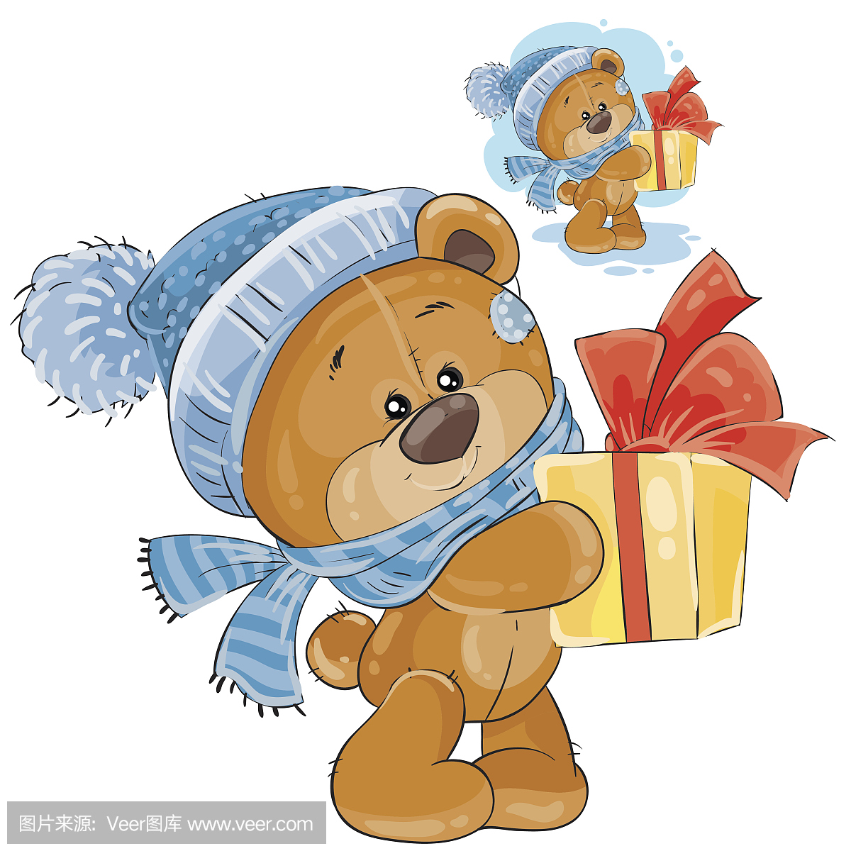 矢量泰迪熊在编织帽和围巾递送礼物盒。