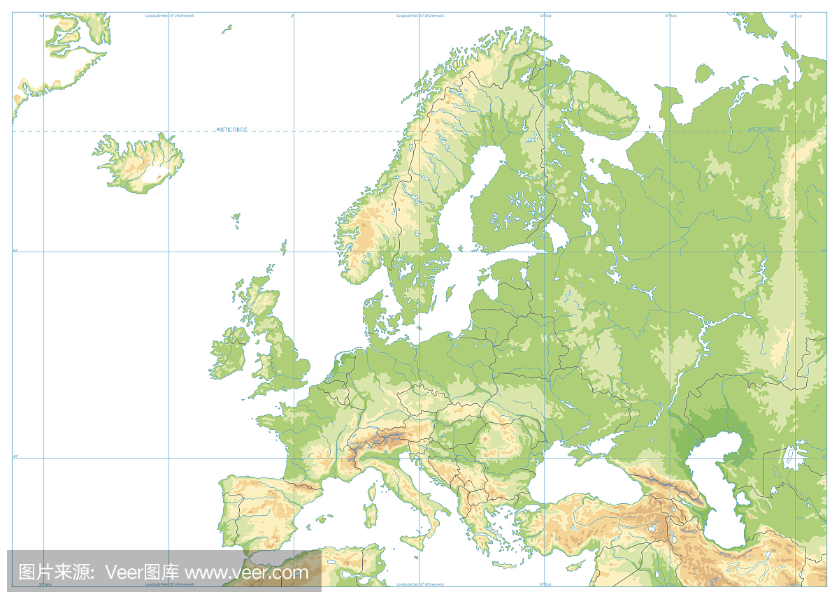 欧洲物理地图上白色孤立。没有文字
