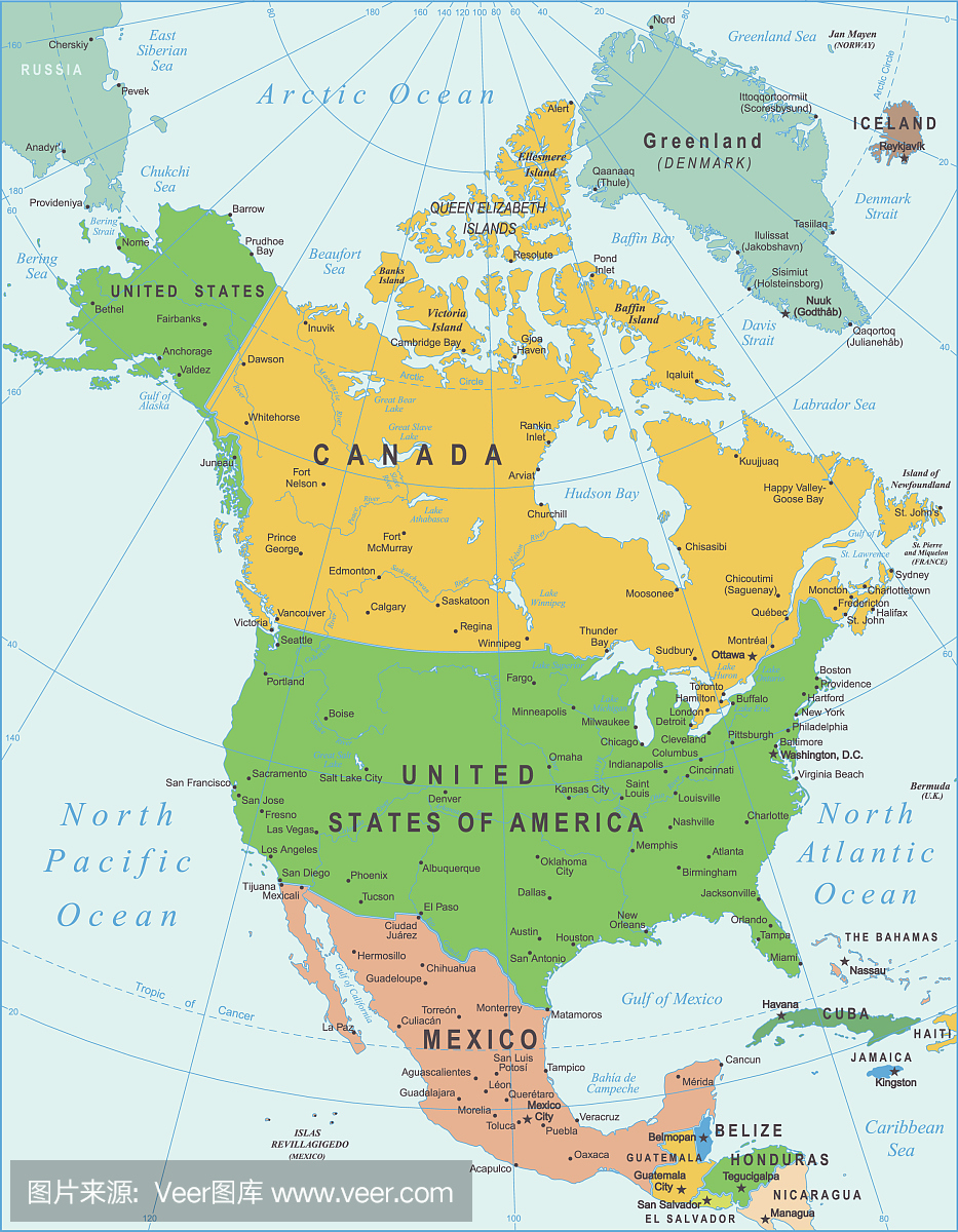 北美地图。复古矢量图