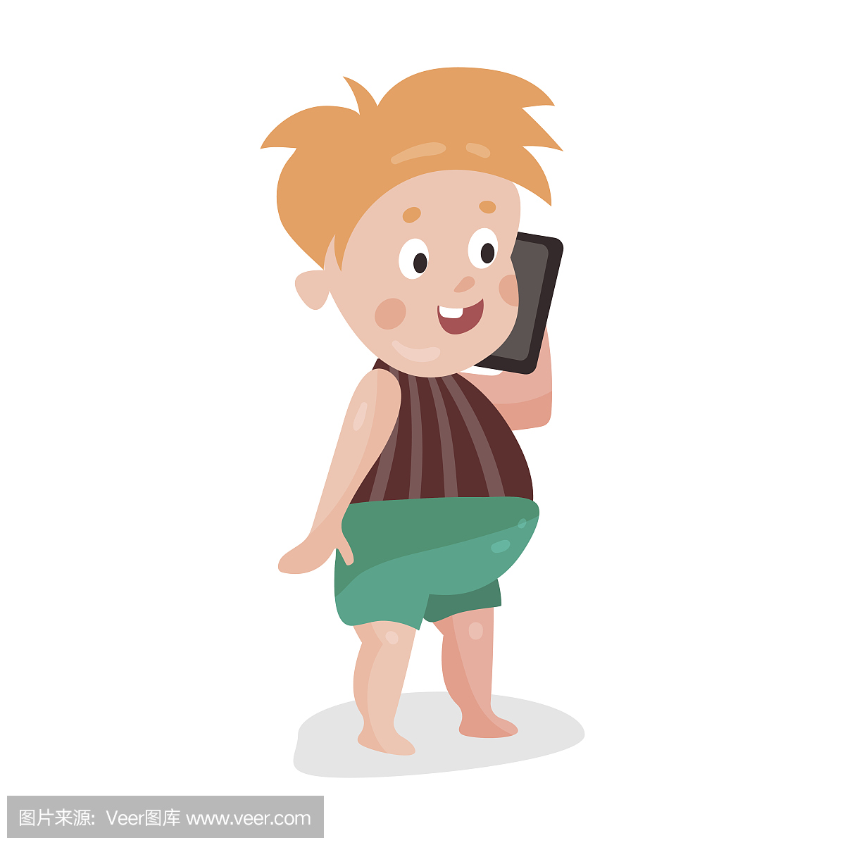 可爱的卡通红头发小孩玩智能手机五颜六色的字