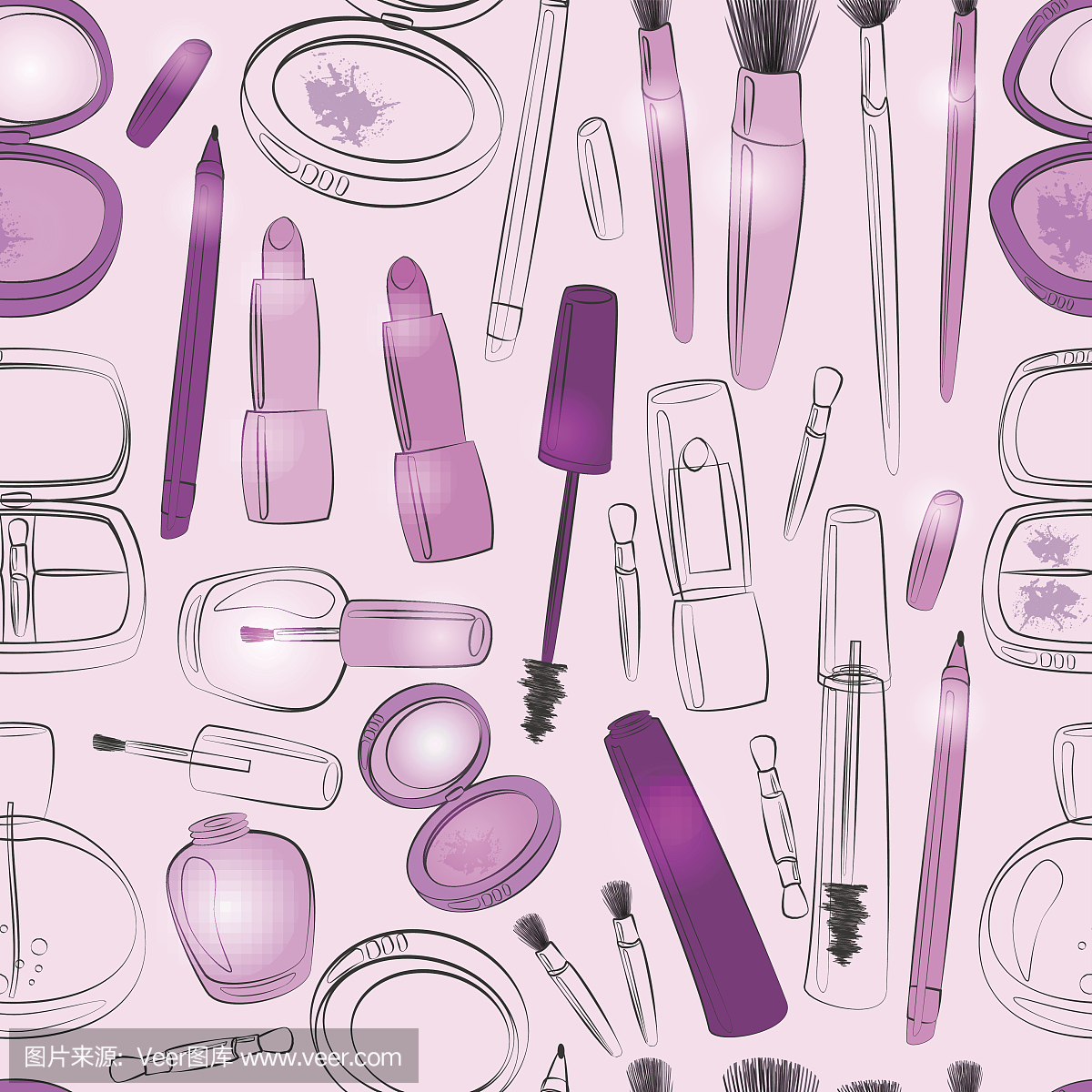 化妆和美容产品无缝图案在紫色。