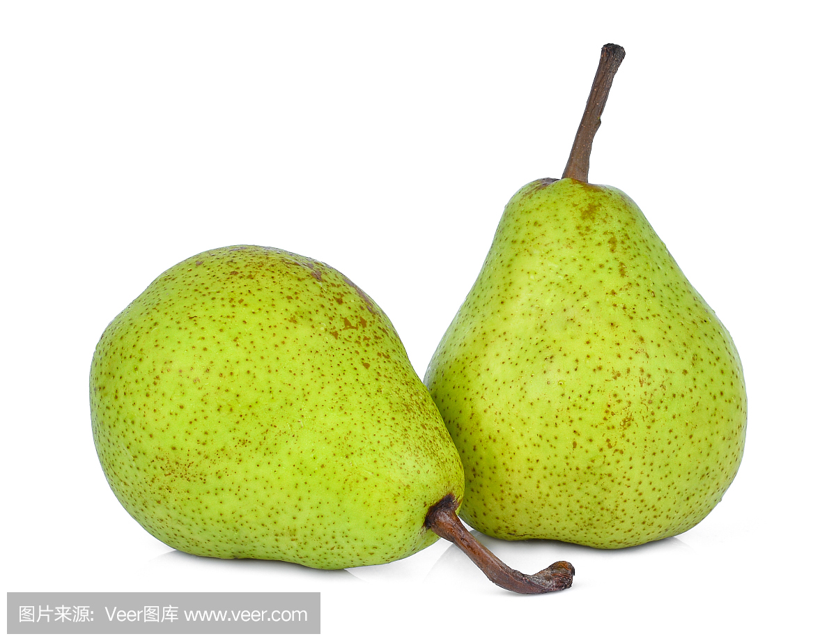 two whole of green packham pear isolated on w