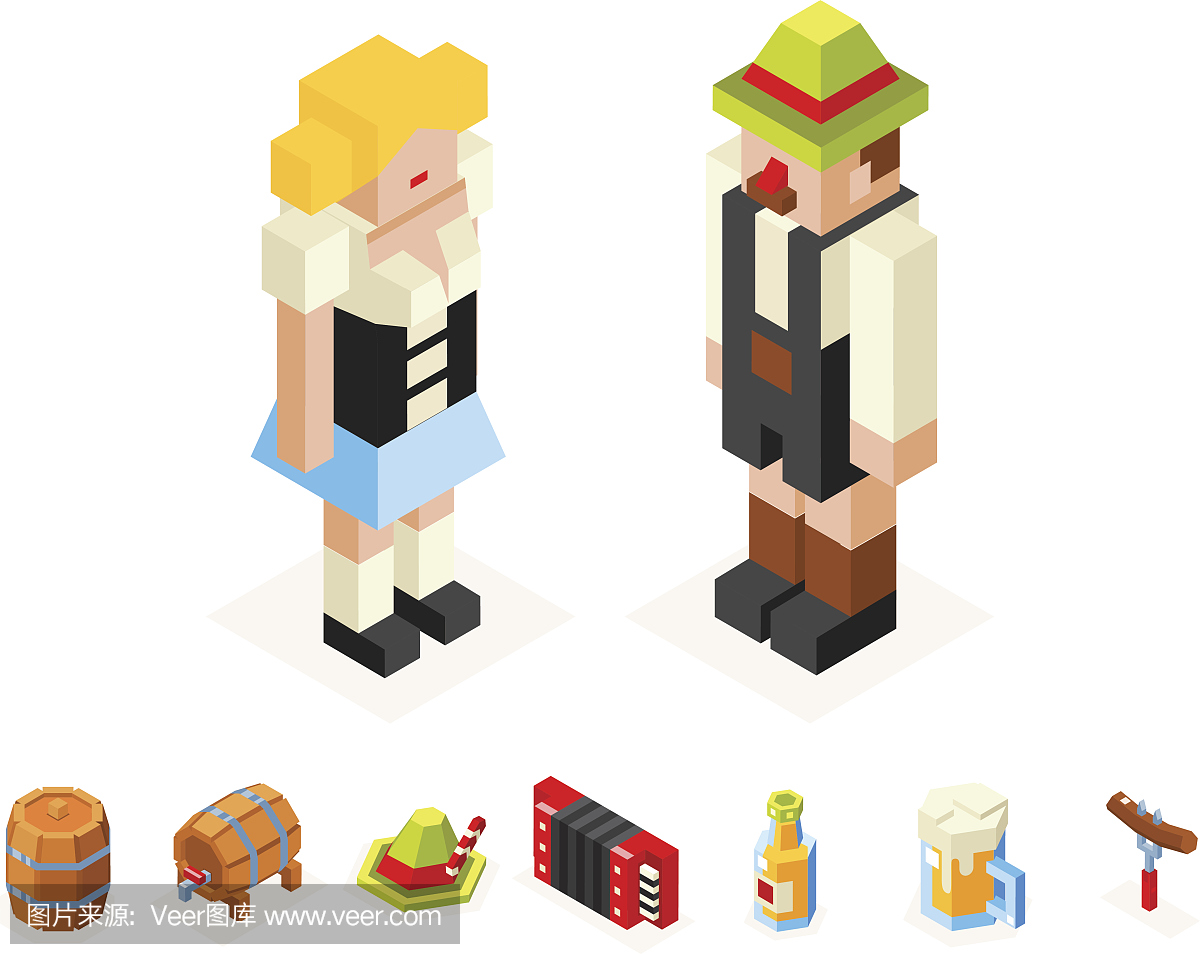 多边形图标设置oktoberfest等距3d男人女人啤酒