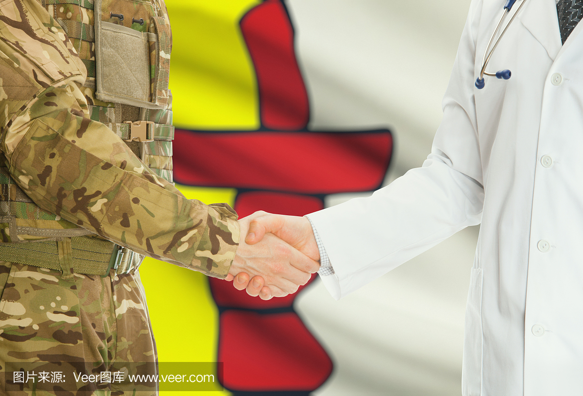 军服在制服和医生握手与加拿大各省和领土旗帜