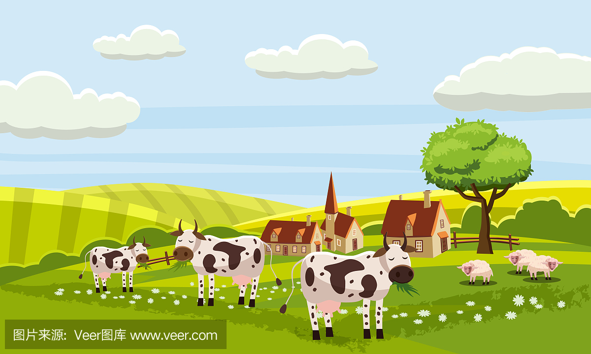 农村可爱的农场视图,牛,羊,矢量,插图,孤立,卡通