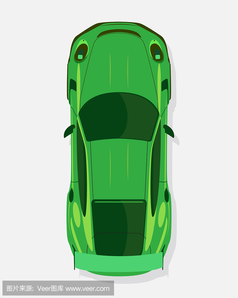 绿色跑车,在白色背景上孤立的平面样式的顶视