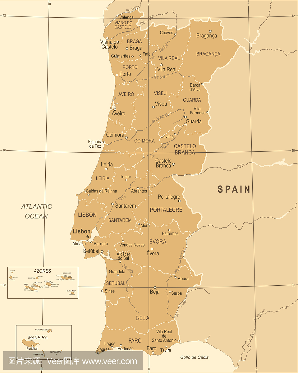 葡萄牙地图 - 葡萄酒矢量图