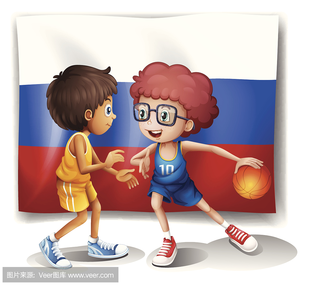 俄罗斯联邦旗帜与两名篮球运动员