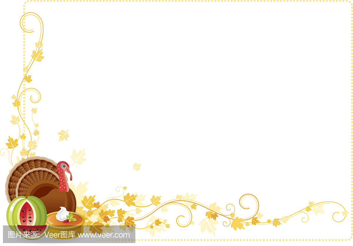 秋天感恩框架与藤,火鸡,西瓜和南瓜派