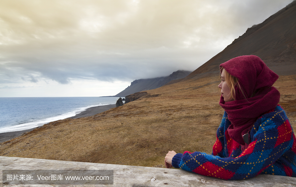 看着一个美丽的冰岛海滩的金发女人
