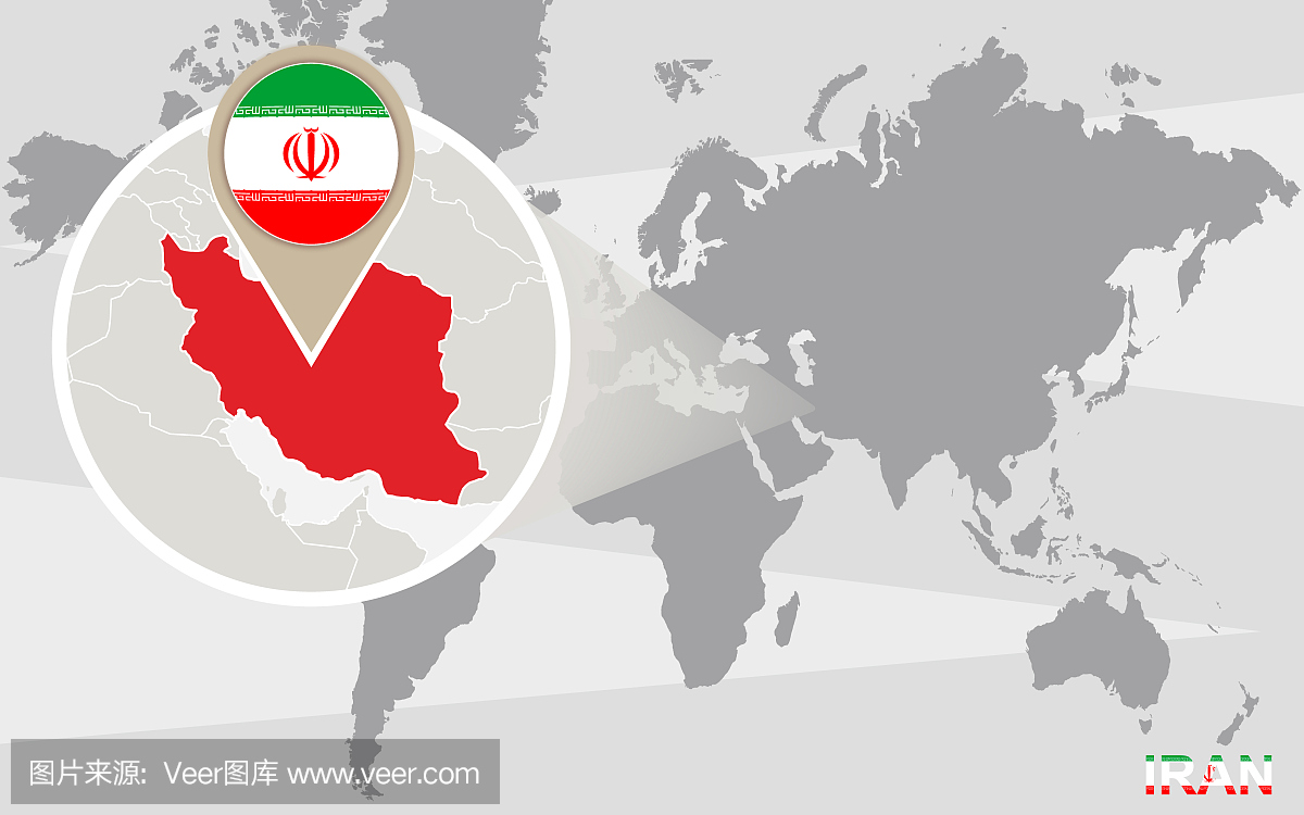 世界地图与放大的伊朗。光栅图。