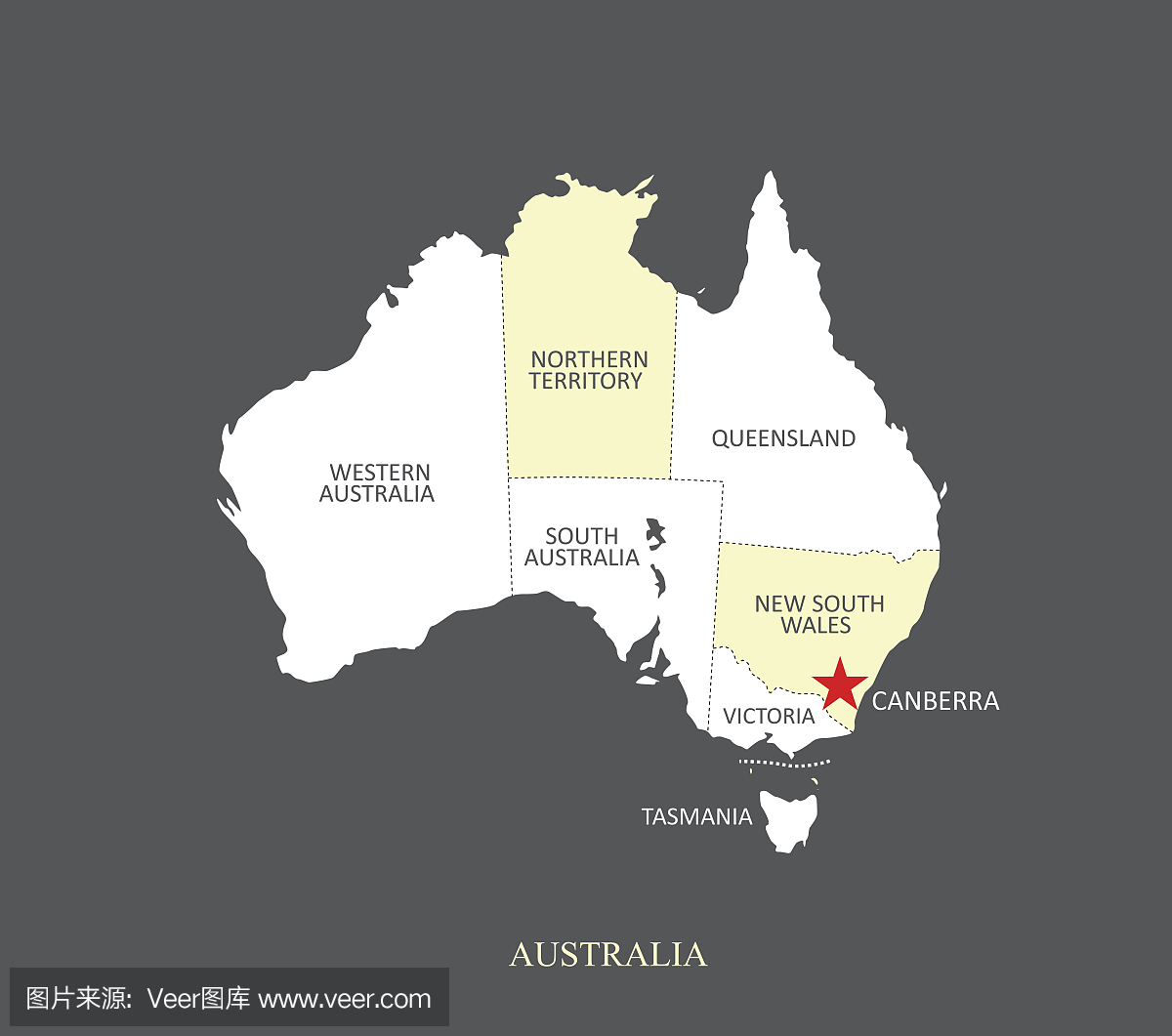 澳大利亚地图轮廓矢量图与省份的边界和名称
