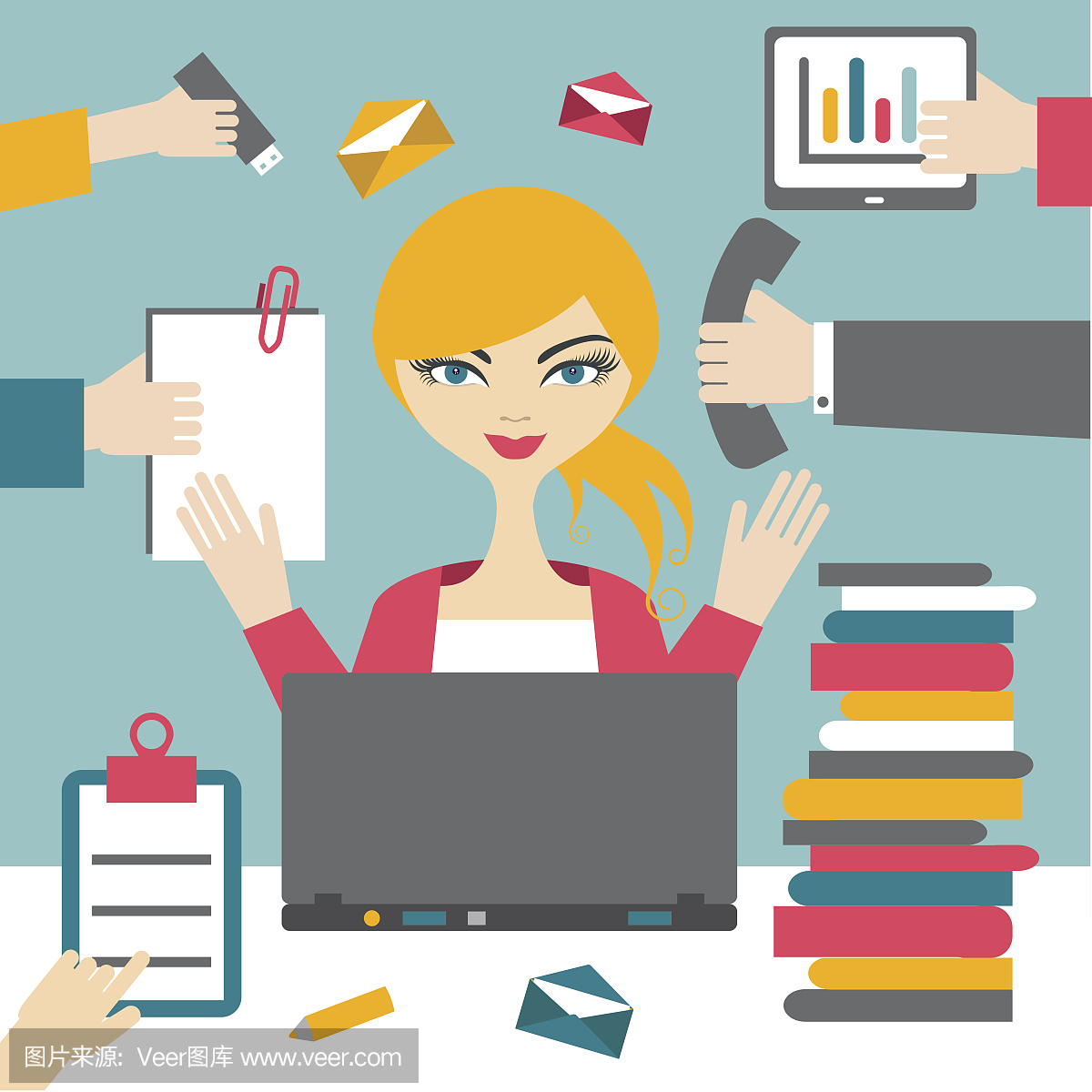 女秘书辛勤工作。繁忙的女商人。