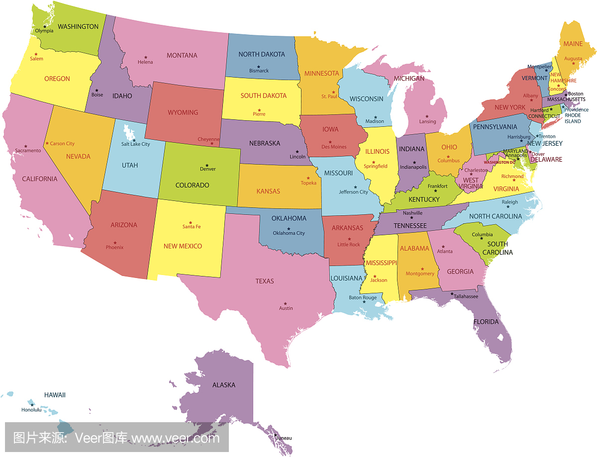美国与州和城市的详细地图