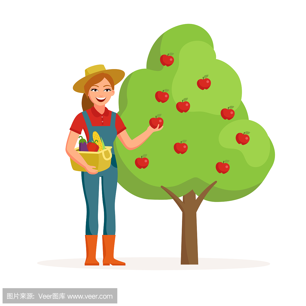 女人农夫附近苹果树举行成熟的红苹果和微笑与