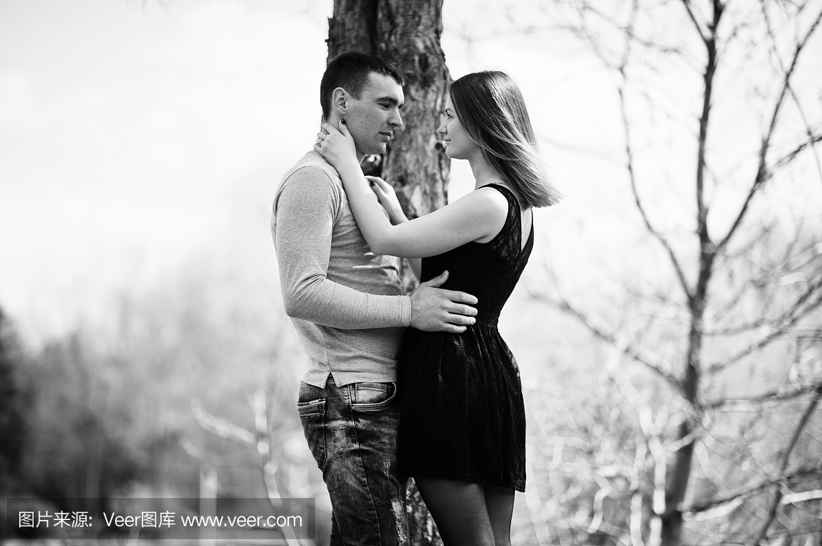 幸福的浪漫情侣在爱情中保持附近树和拥抱。黑
