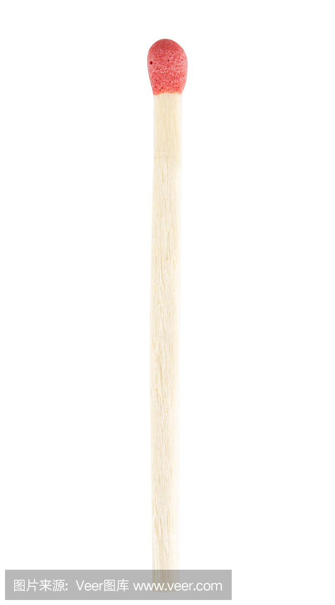 单个木制火柴棍在白色背景上。