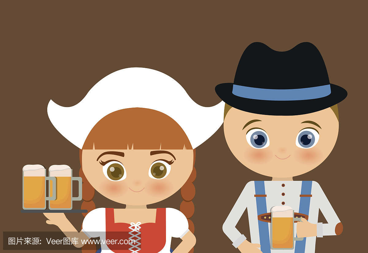 啤酒慕尼黑啤酒节女孩卡通服装图标。德国。矢