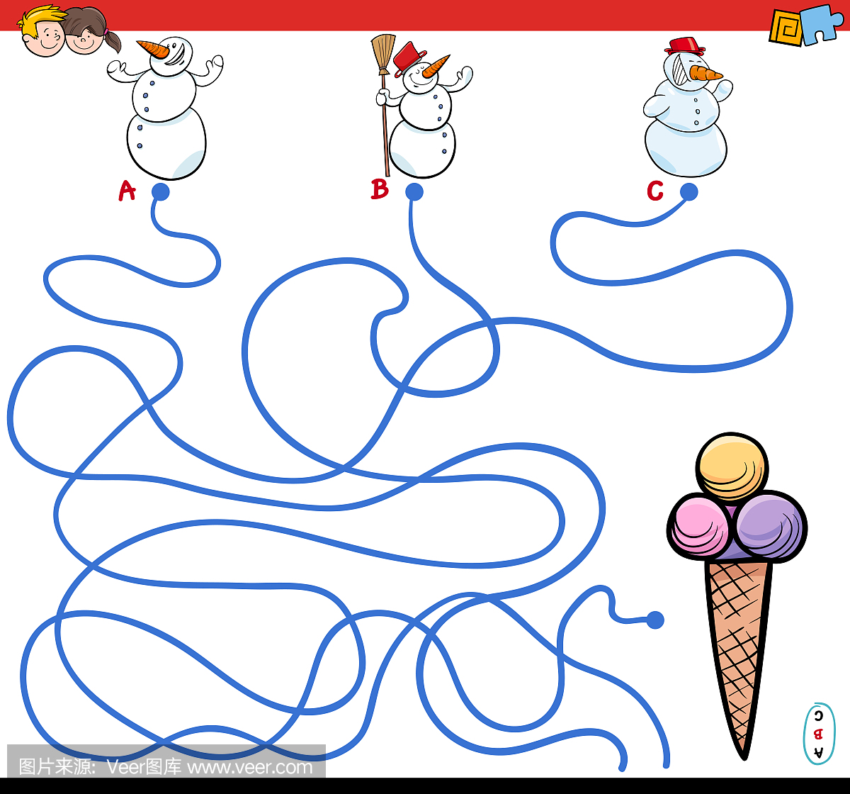 路径与雪人和冰淇淋的迷宫游戏