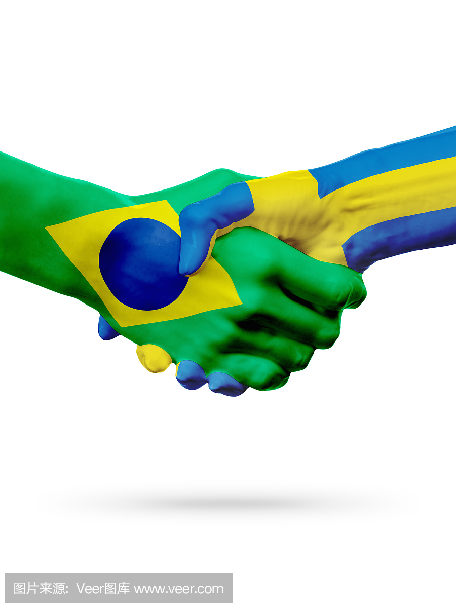 旗帜巴西,瑞典国家,伙伴关系友谊握手概念。